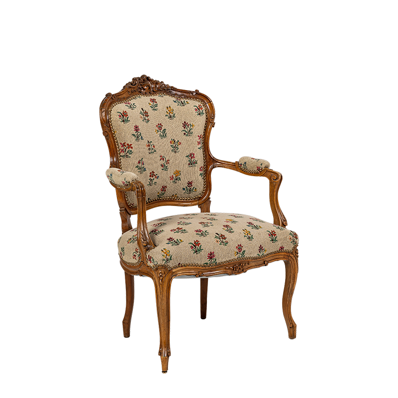 Sillón bohemio con motivos florales vintage para alquilar
