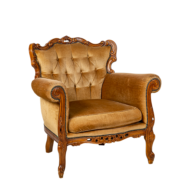 Sillón bohemio marrón/mostaza/beige vintage para alquilar