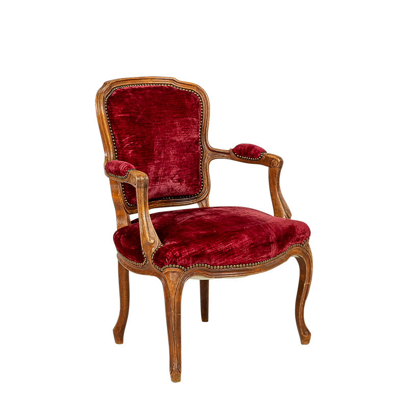 Sillón bohemio rosa – rojo vintage para alquilar