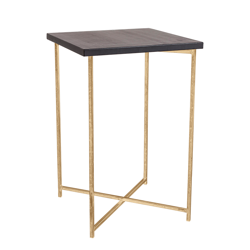 Mesa cóctel alta cruzada oro sobre negro 65 x 65 cm Alt.100 cm para alquilar