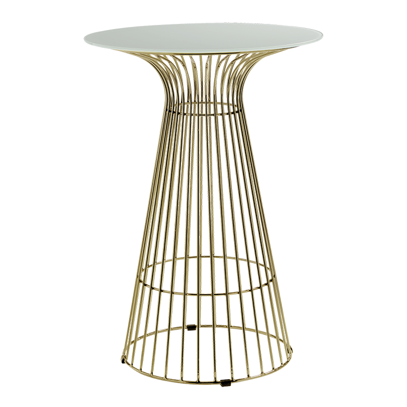 Mesa de cóctel filo oro encimera blanca Ø 65 cm Alt.104cm para alquilar